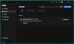 Unity Hub on the Installs tab with Unity 6 LTS installed