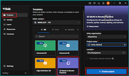 Unity Hub on the Projects tab with the 2D Core preset selected
